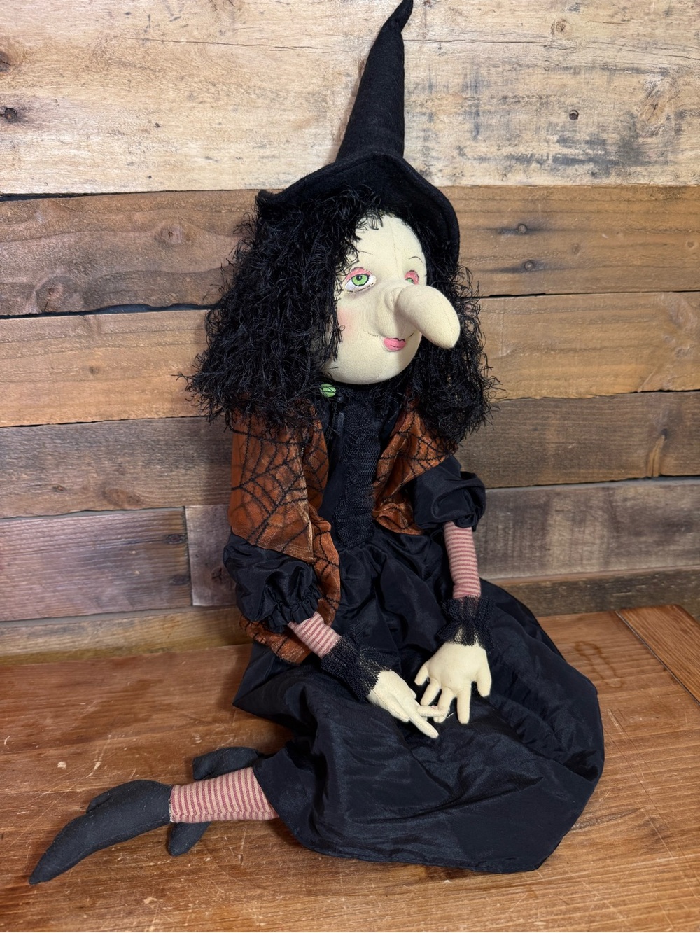 Halloween Art Doll Joe Spencer (?) Happy Witch Weighted Shelf Sitter Dangle Legs
